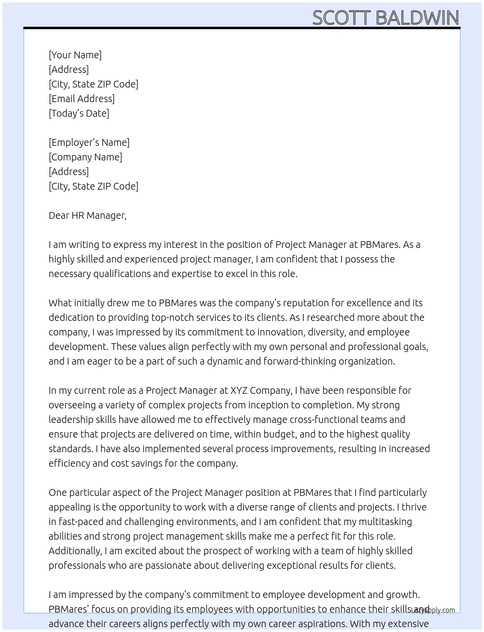 Project Manager  At PBMares Cover Letter