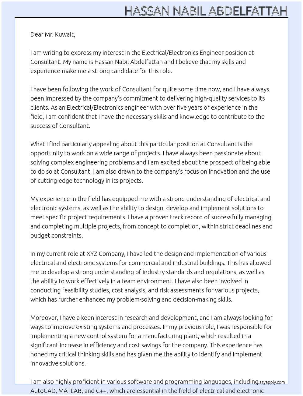 Electrical/Electronics engineer At Consultant Cover Letter