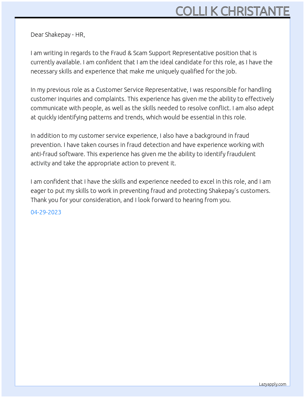 Fraud & Scam Support Representative  At Shakepay Cover Letter