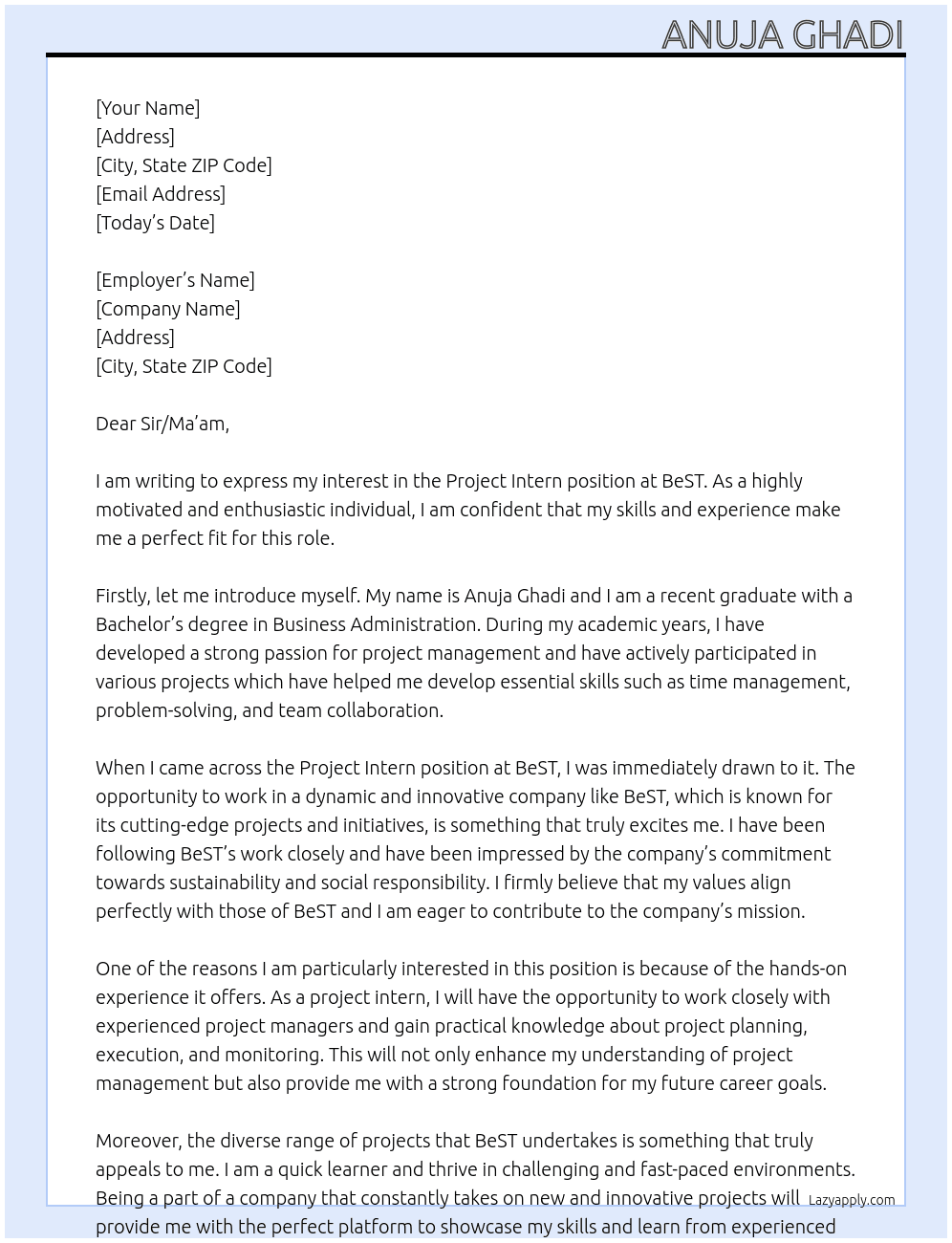 project intern At BeST Cover Letter