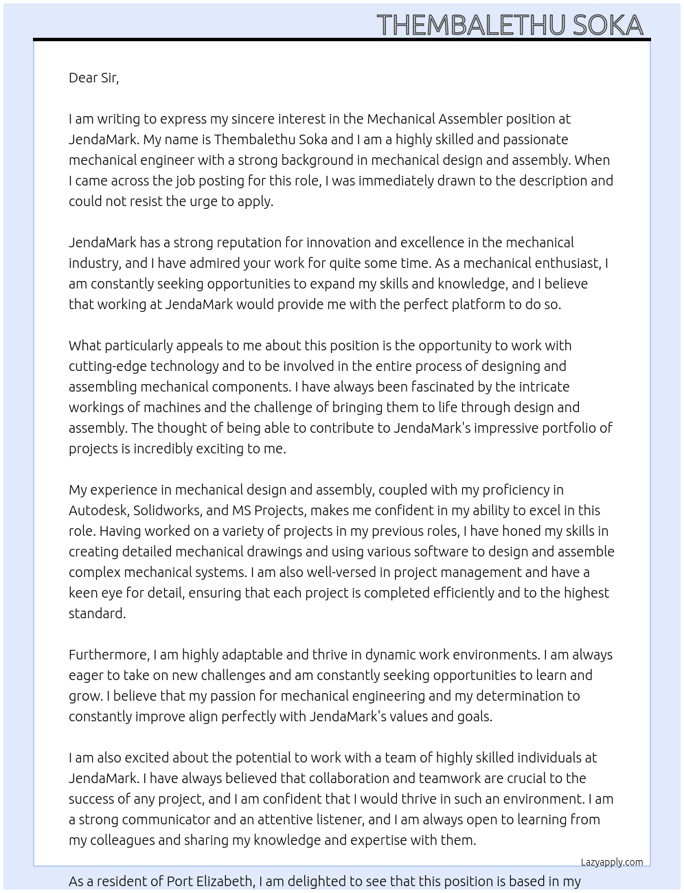 Mechanical Assembler At JendaMark Cover Letter