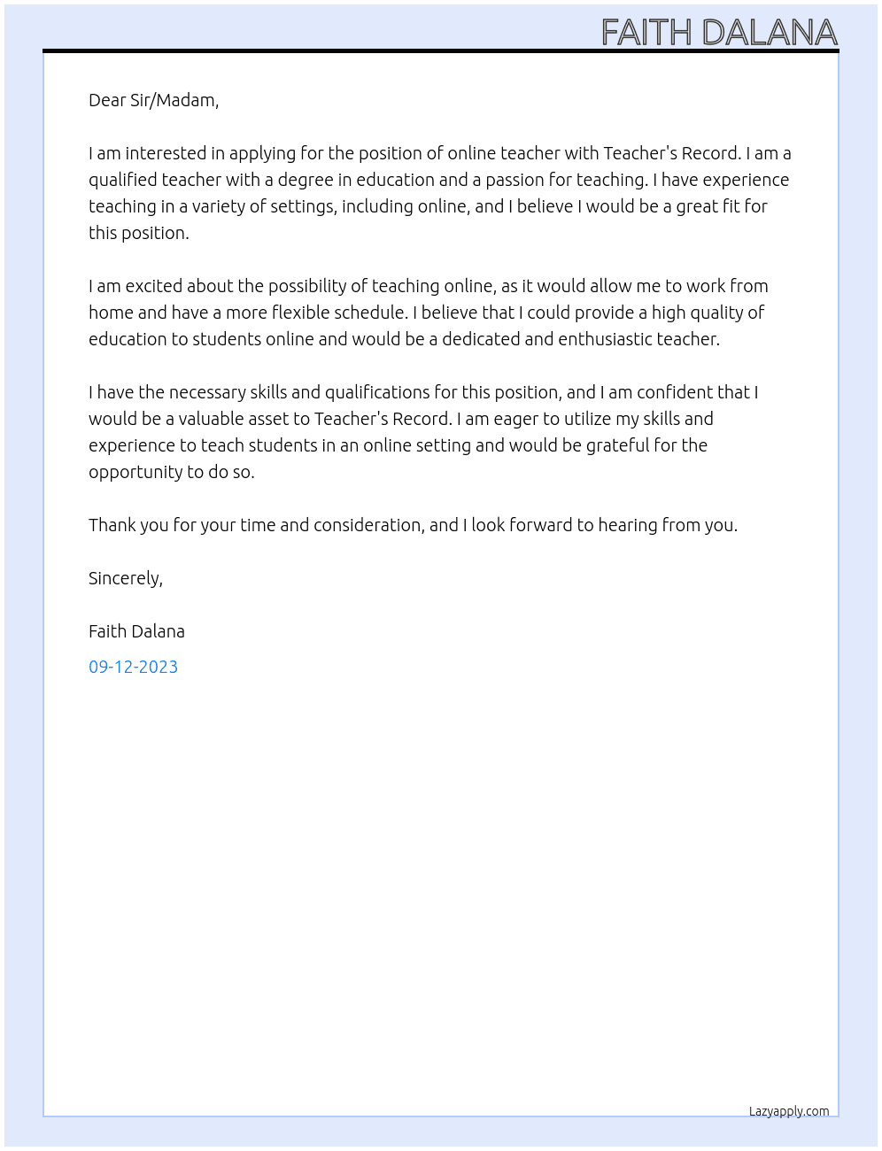 Online teacher At Teacher's Record Cover Letter
