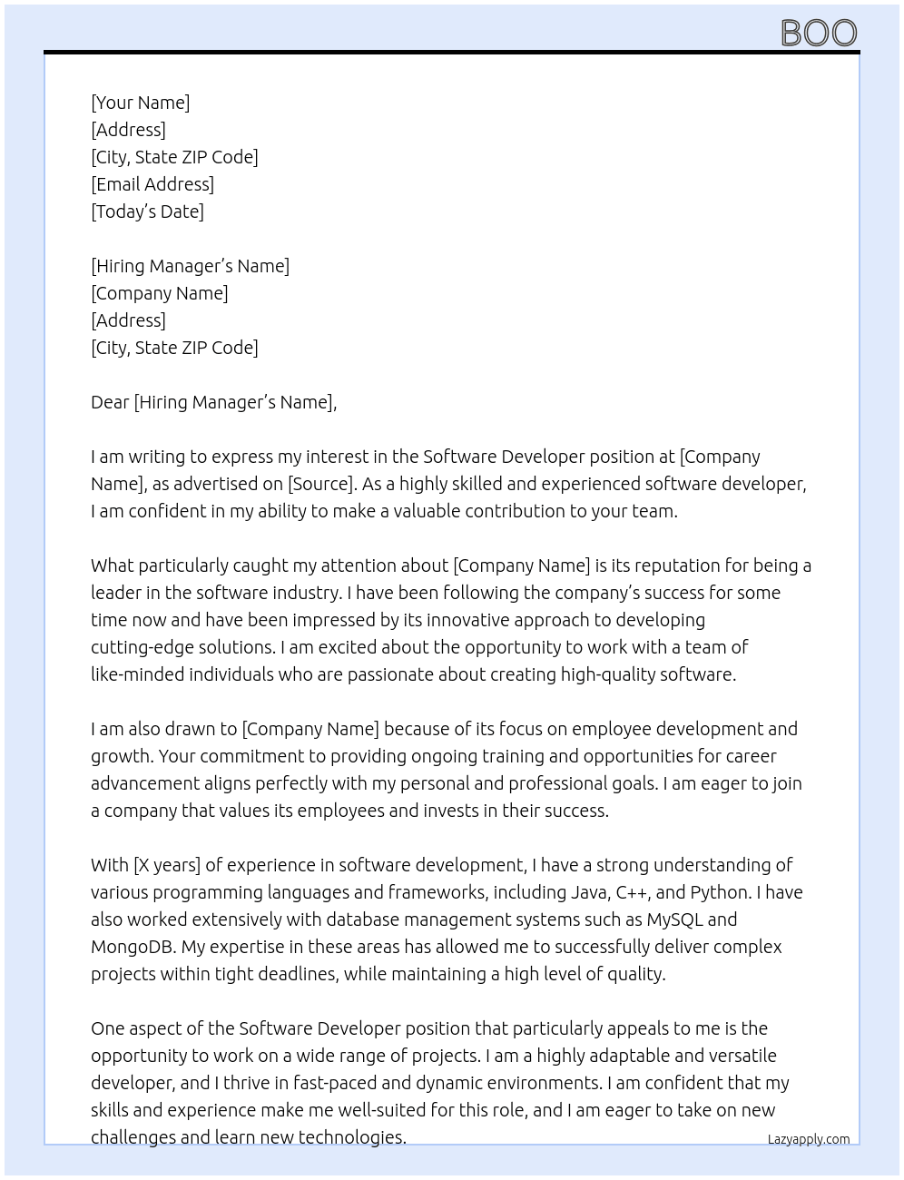Software Developer At boo boo Cover Letter