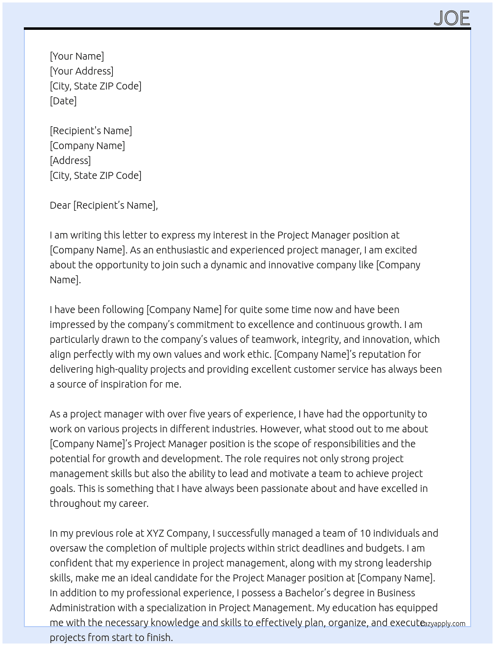 Project Manager At Moe Cover Letter