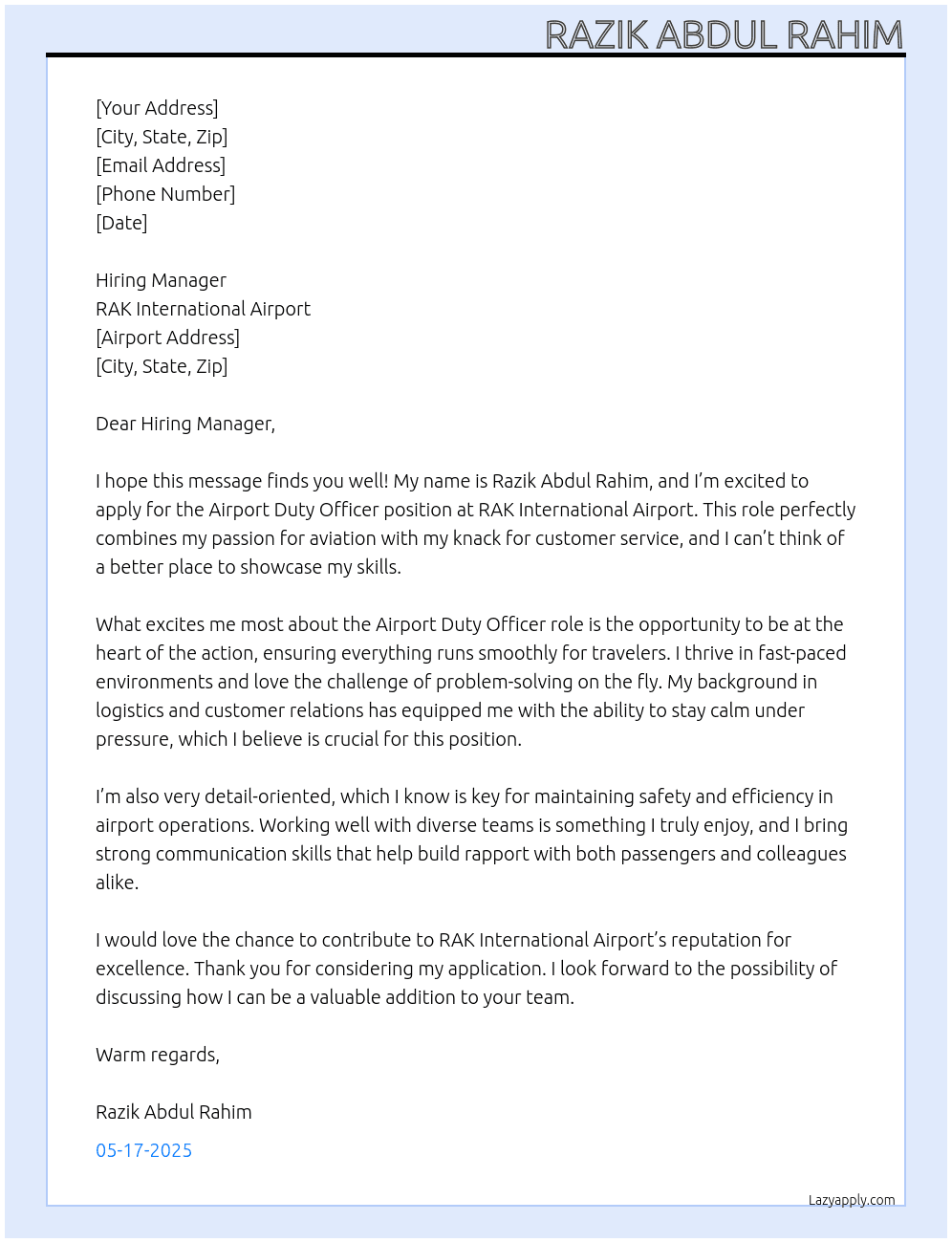 Airport Duty Officer At RAK International Airport Cover Letter