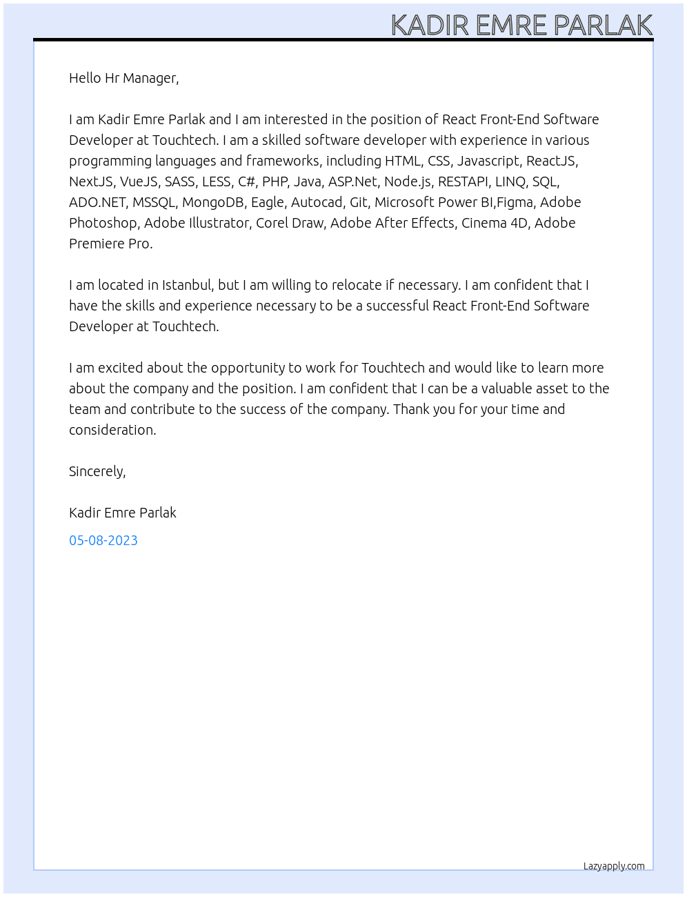 React Front-End Software Developer At Touchtech Cover Letter