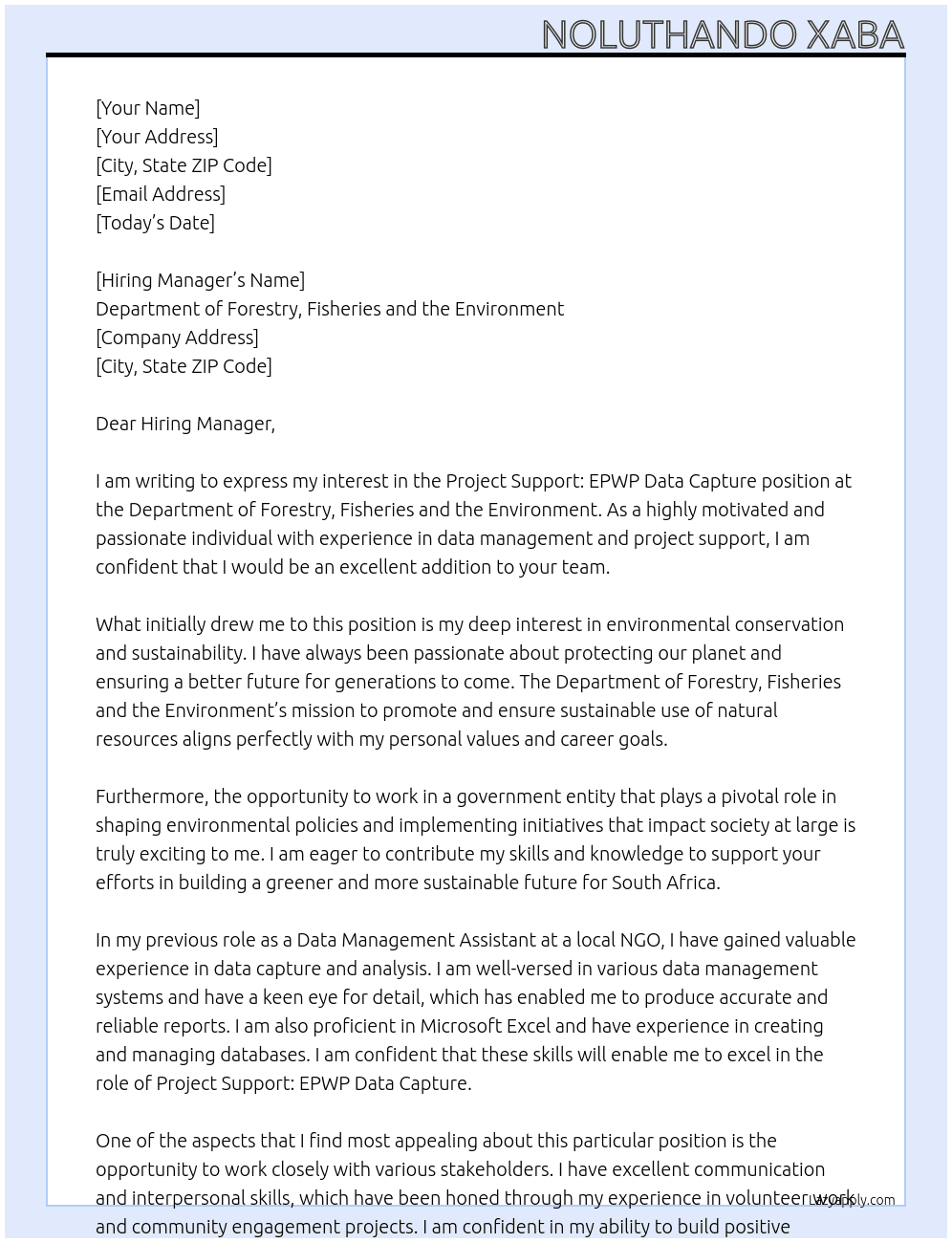 Cover letter for project support: epwp data capture - LazyApply