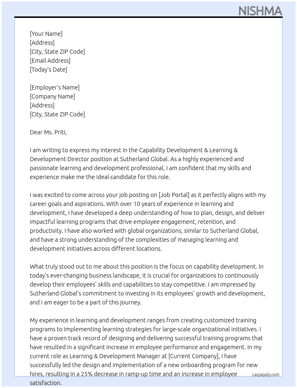 Capability Developemnt & Learning & development director At Sutherland global Cover Letter