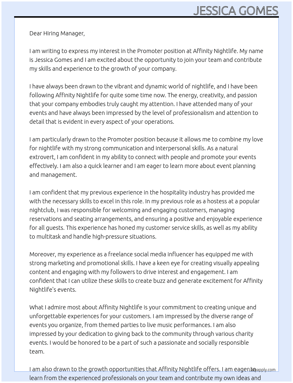 Promoter  At Affinity Nightlife Cover Letter