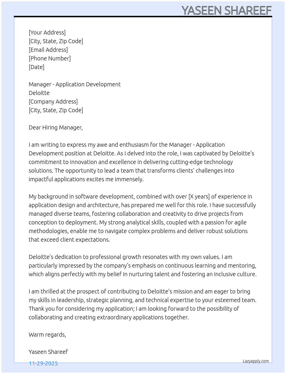 Cover letter for manager - application development - LazyApply