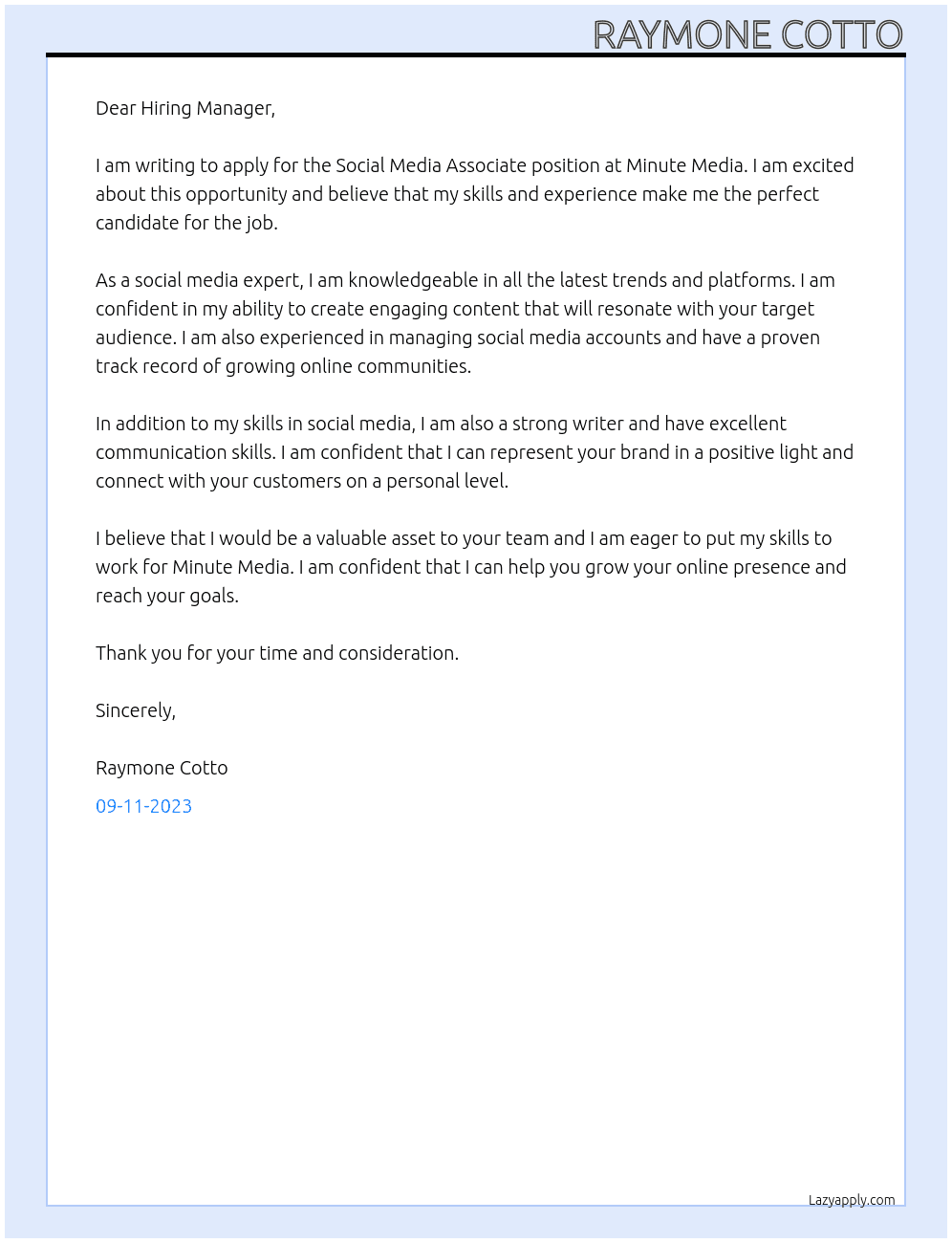 Social Media Associate At Minute Media Cover Letter
