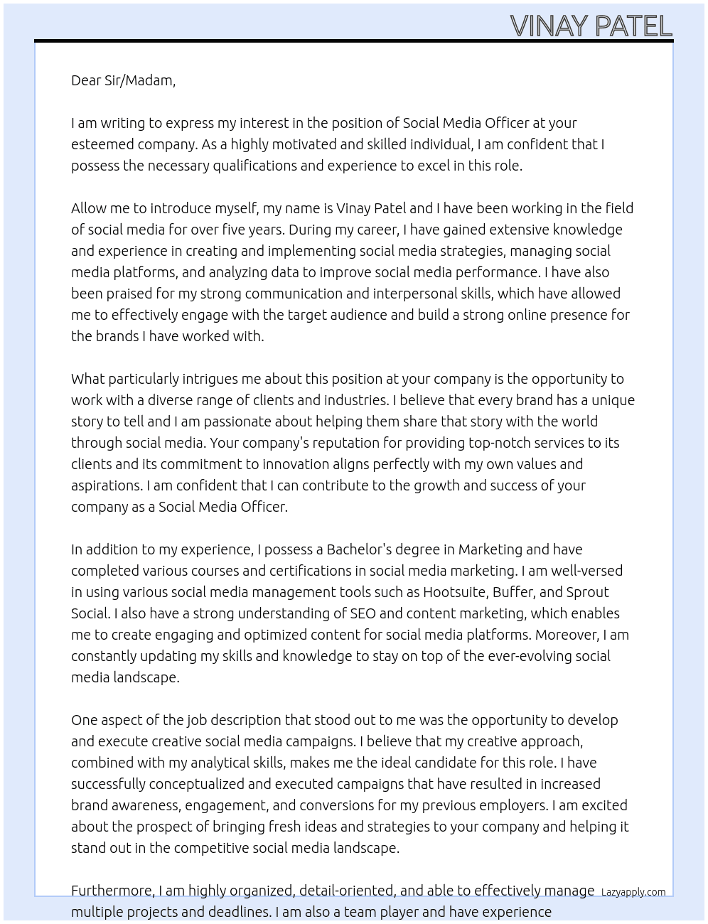 Social Media Officer At N/A Cover Letter