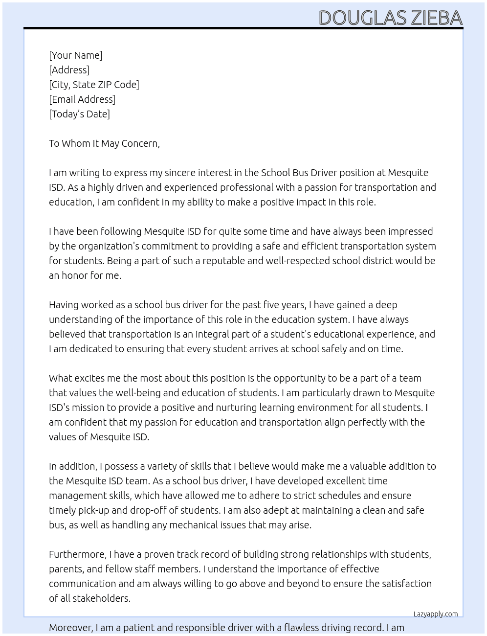 School Bus Driver At Mesquite ISD Cover Letter