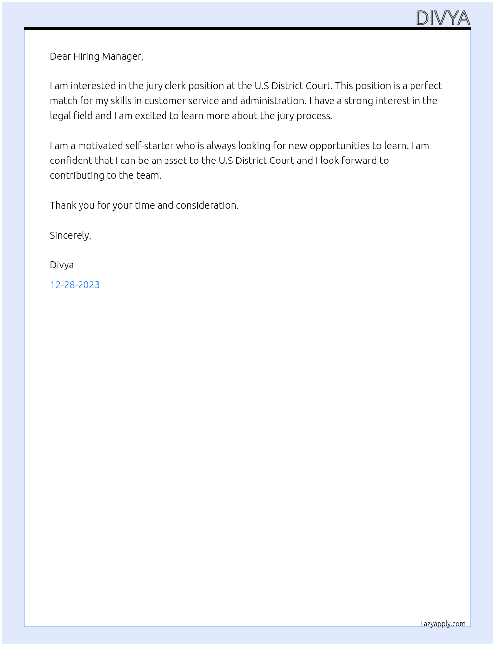 jury clerk At U.S district court Cover Letter