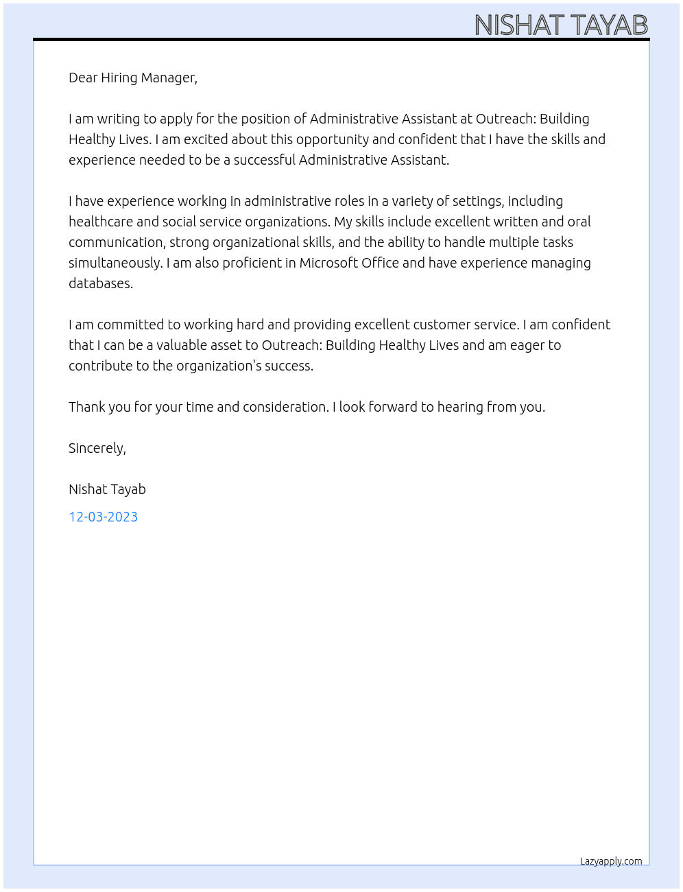 Administrative Assistant At Outreach: Building Healthy Lives Cover Letter