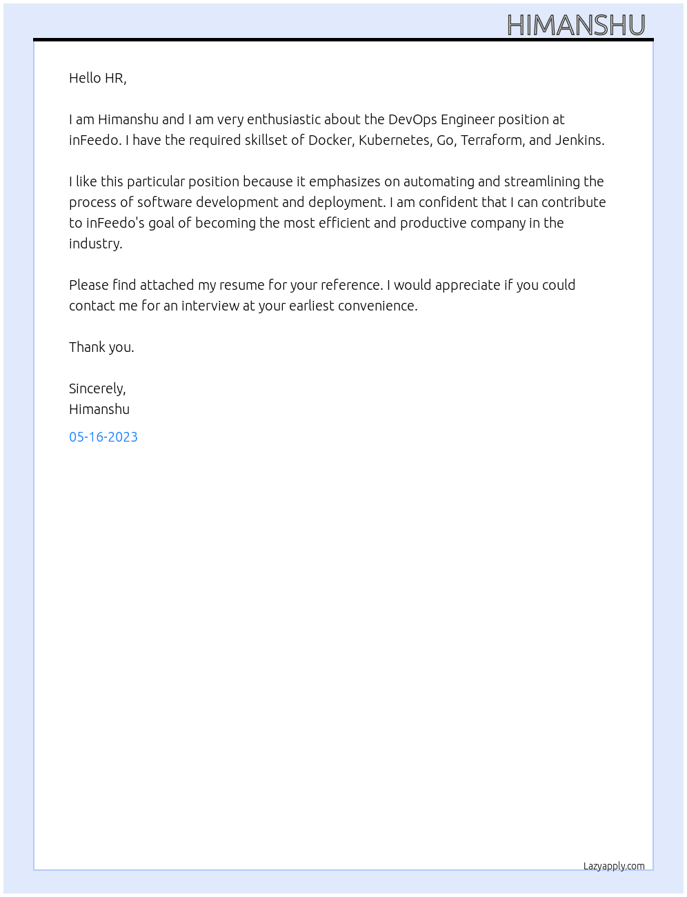 DevOps Engineer At inFeedo Cover Letter
