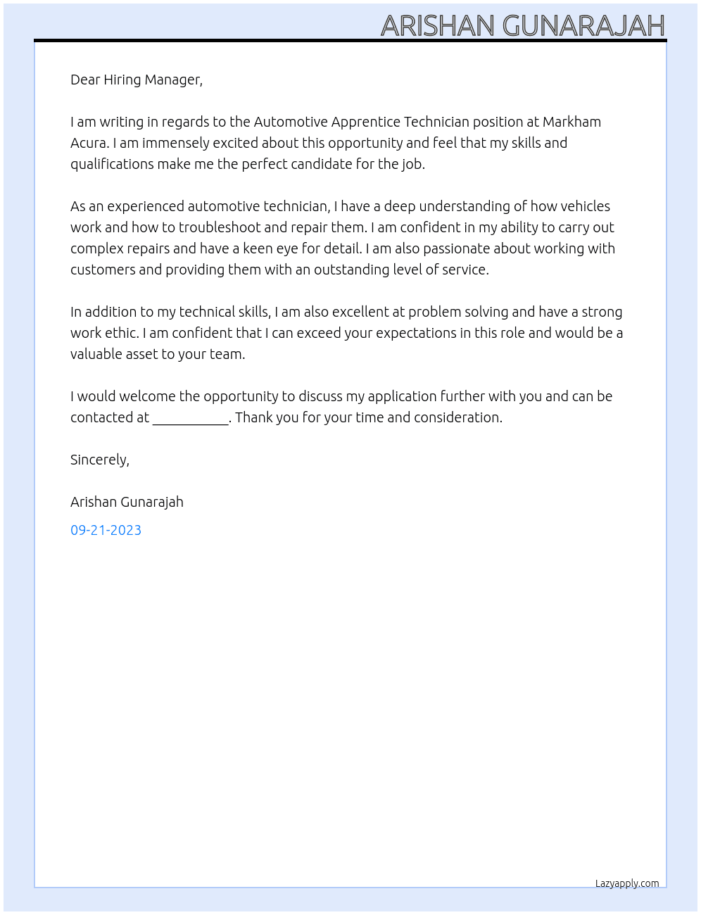 Automotive Apprentice Technician At Markham Acura Cover Letter