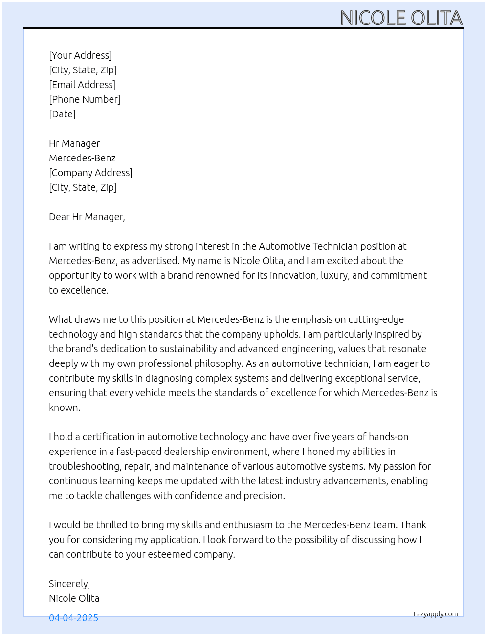 automotive technician At Mercedes-Benz Cover Letter