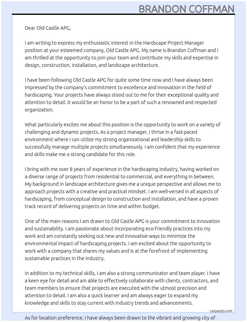 hardscape project manager At Old Castle APG Cover Letter