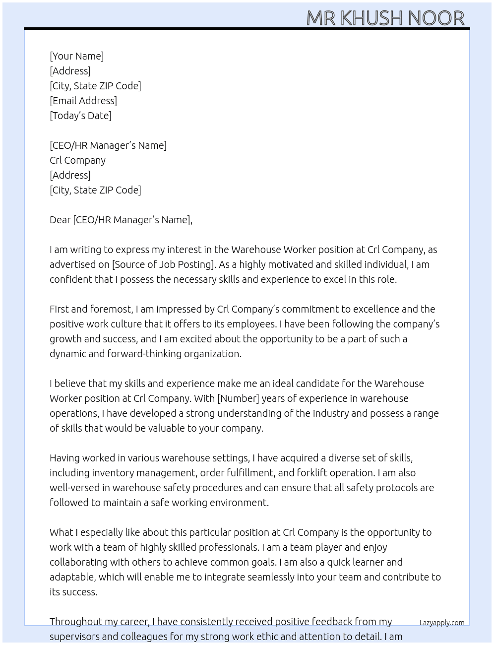 Warehouse worker  At Crl company  Cover Letter