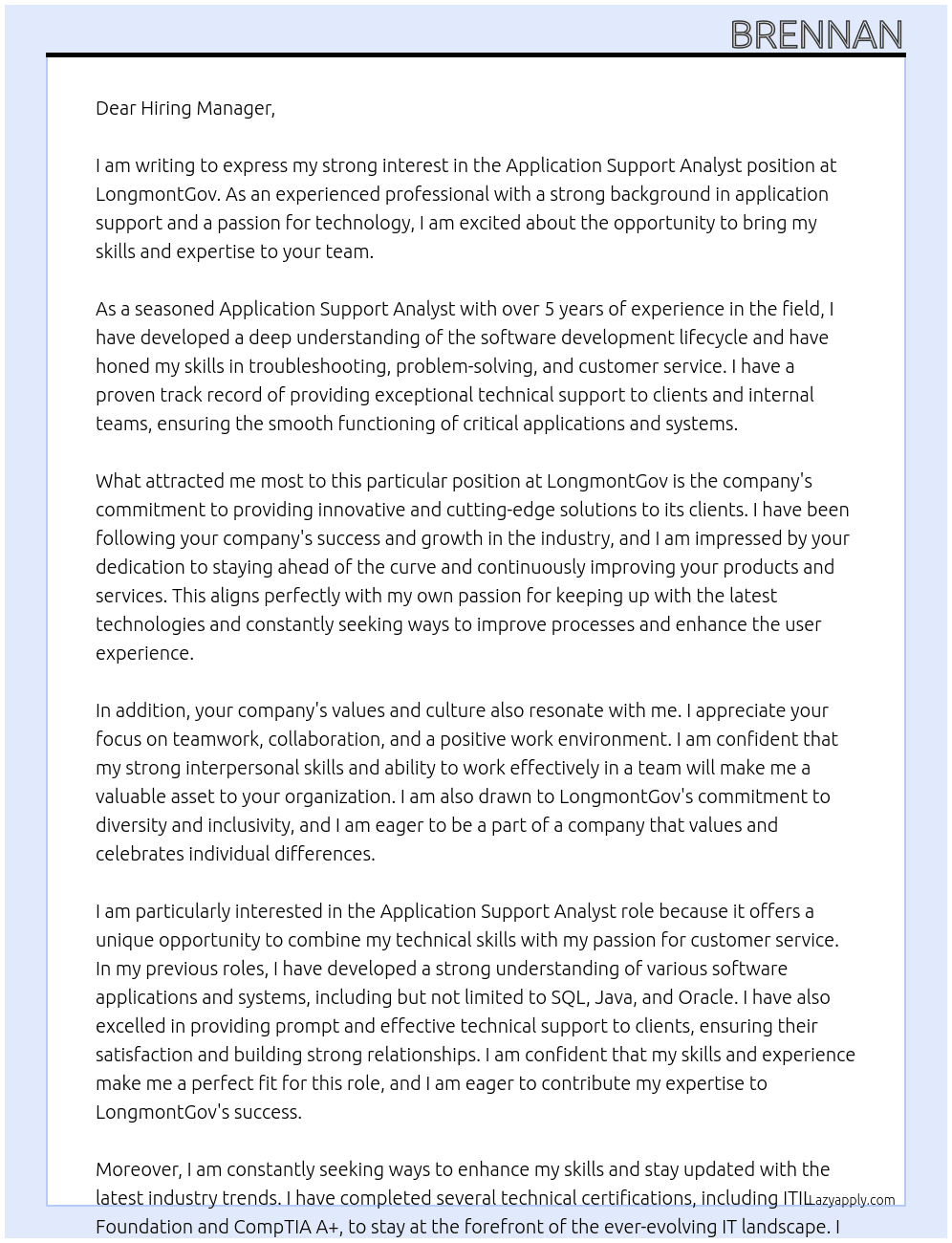Application Support Analyst  At LongmontGov Cover Letter
