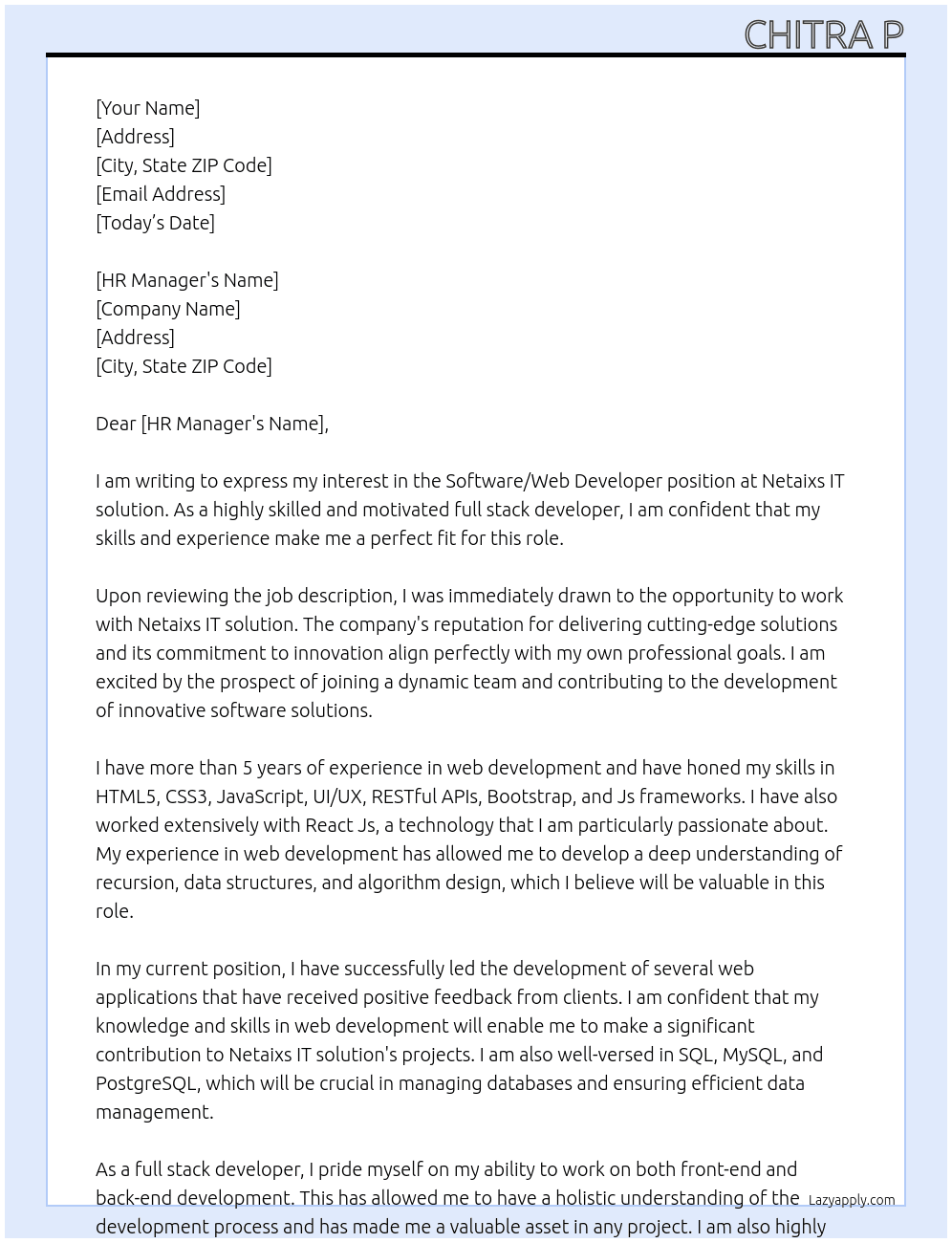 Software/Web Developer At Netaixs IT solution Cover Letter