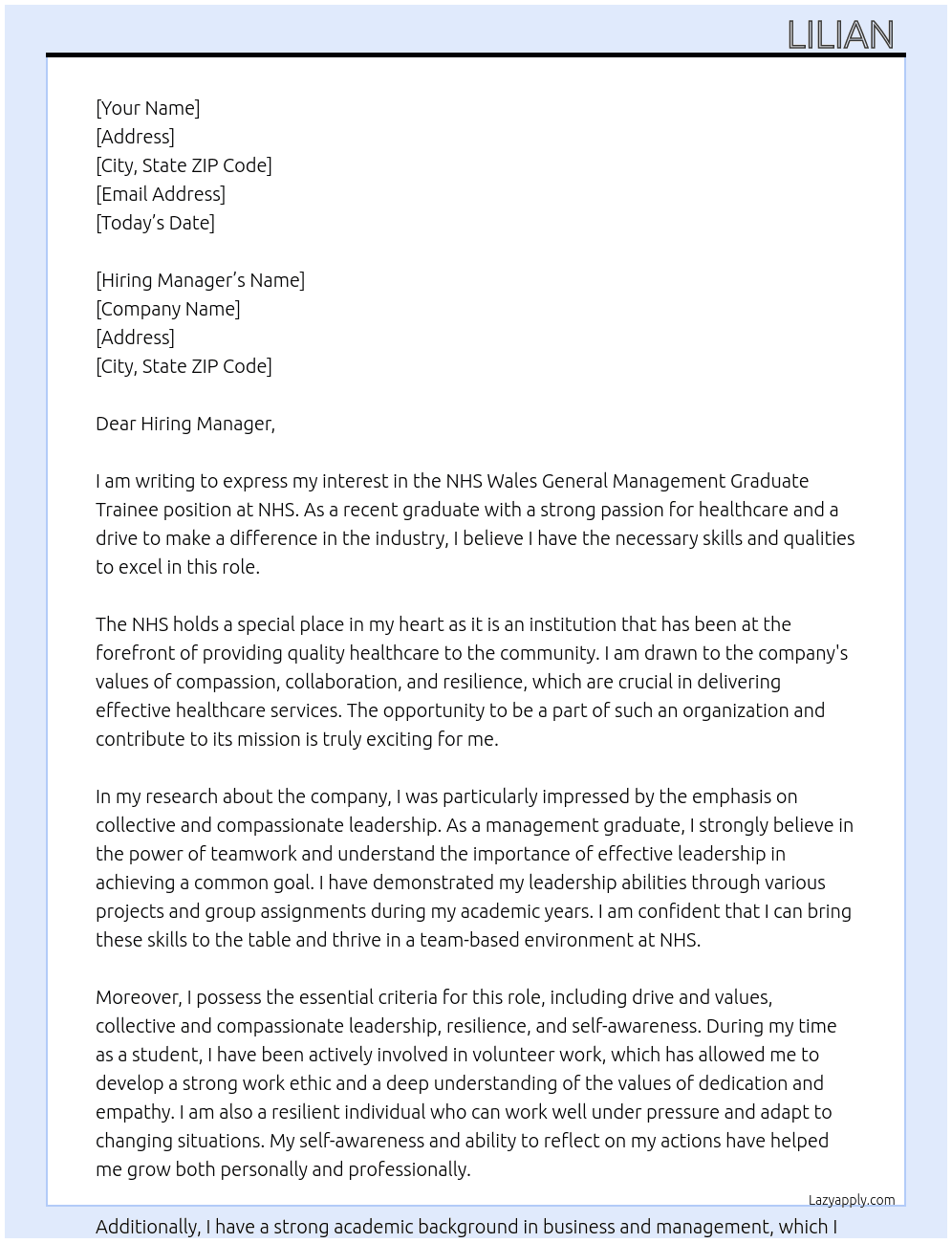 NHS Wales General Management Graduate Trainee At NHS Cover Letter