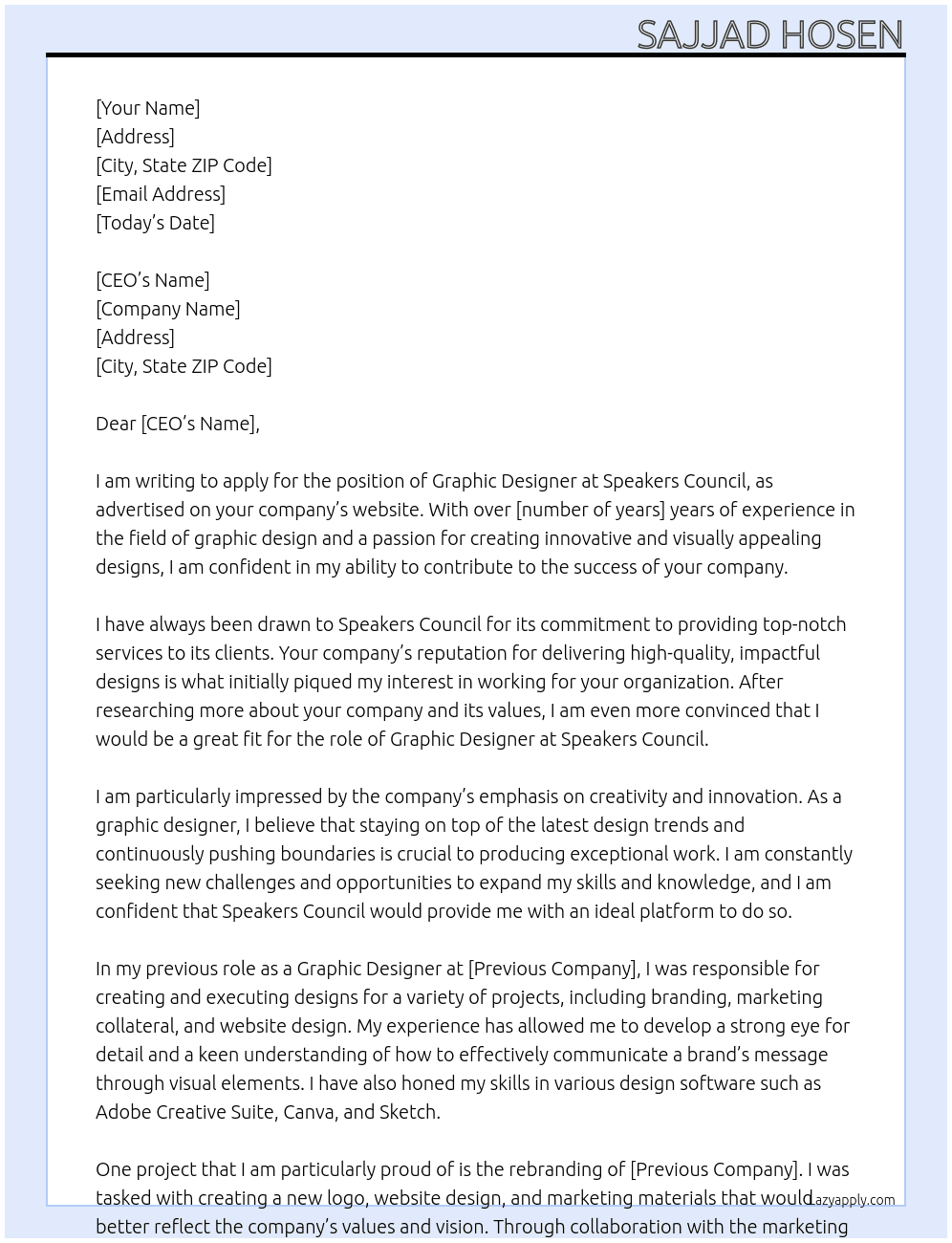 Graphic design  At Speakers council Cover Letter