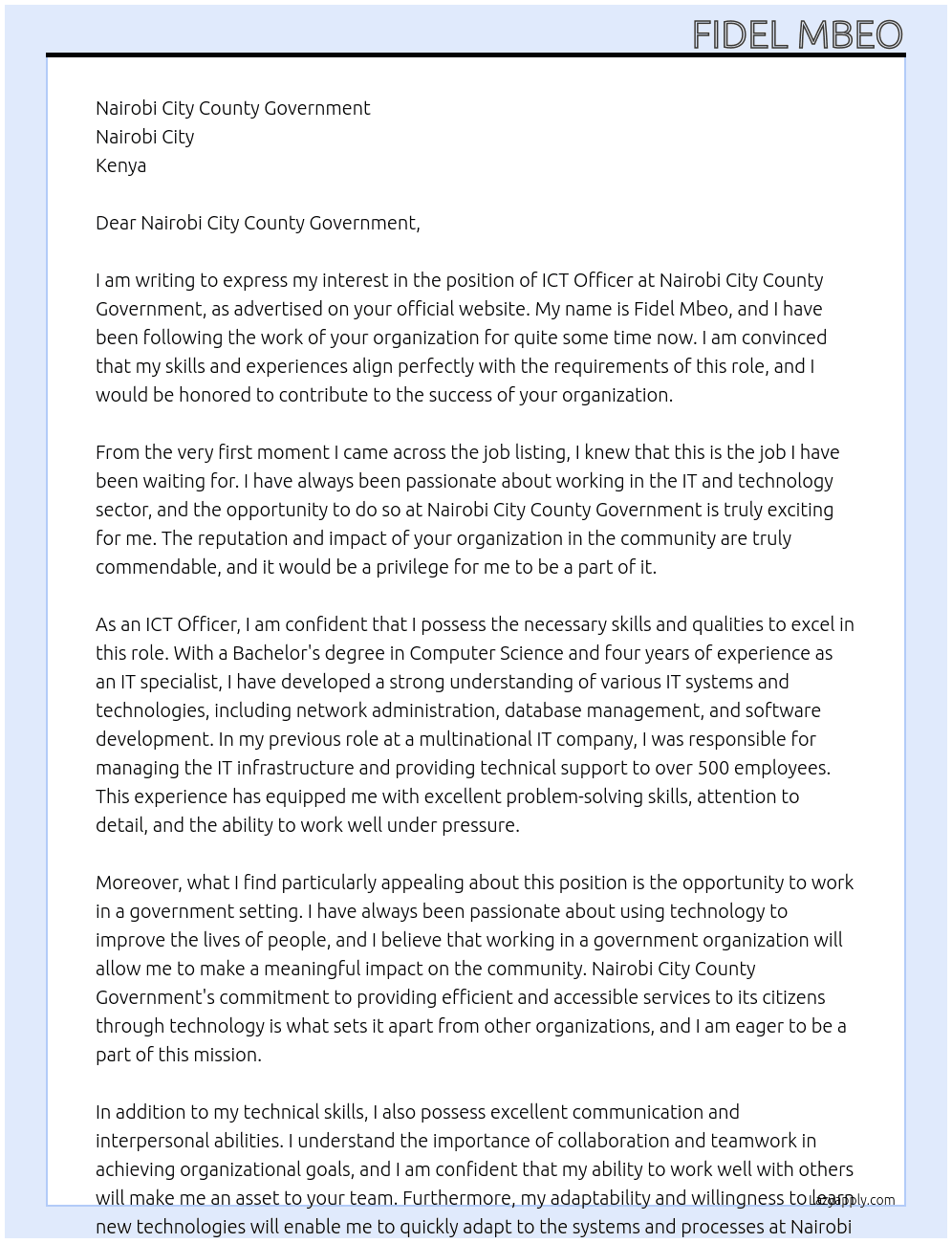 ICT Officer At ICT Officer Cover Letter
