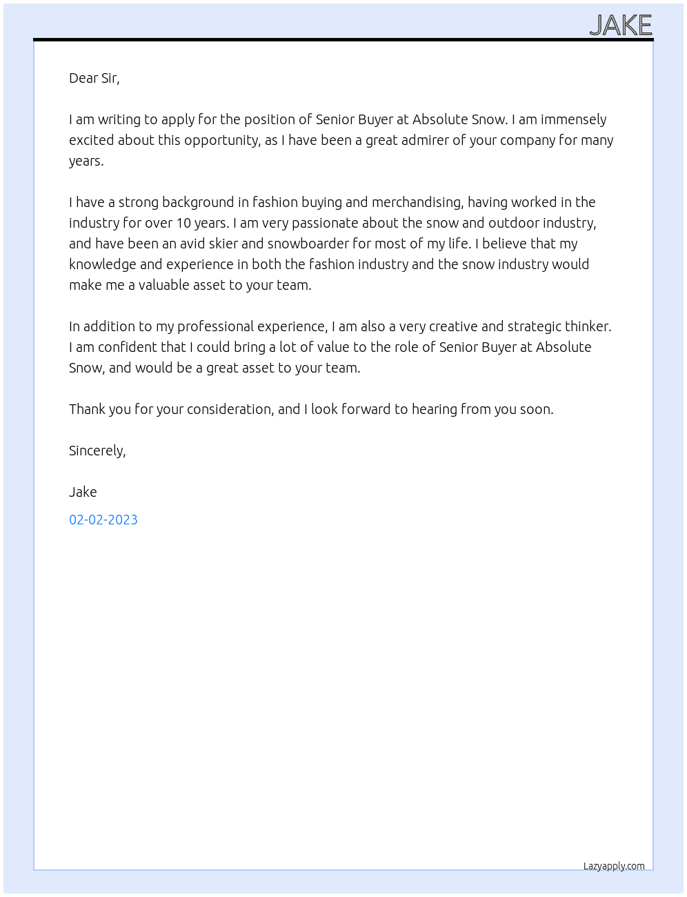 Senior Buyer At Absolute Snow Cover Letter
