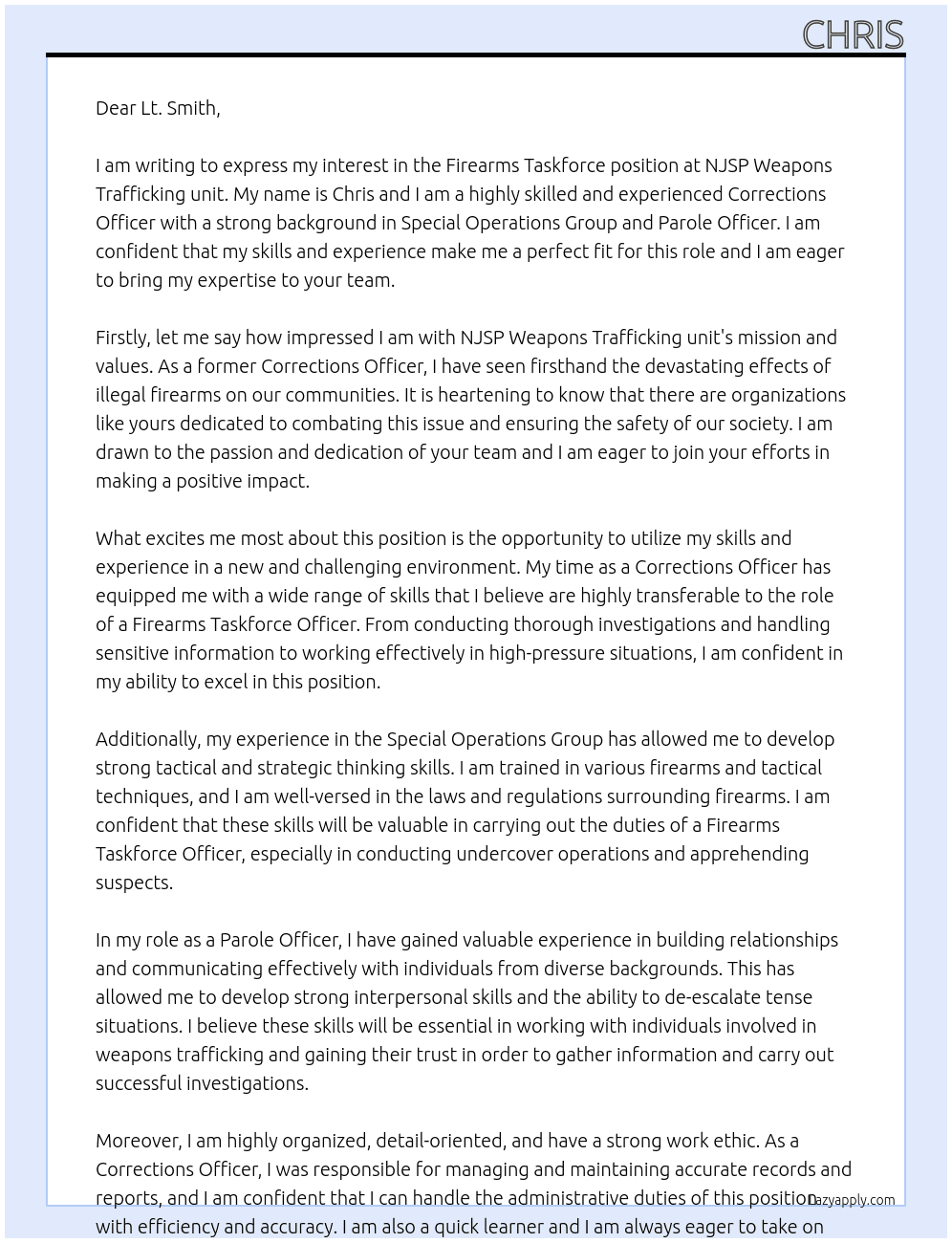 Firearms taskfor e At NJSP Weapons Trafficking unit Cover Letter