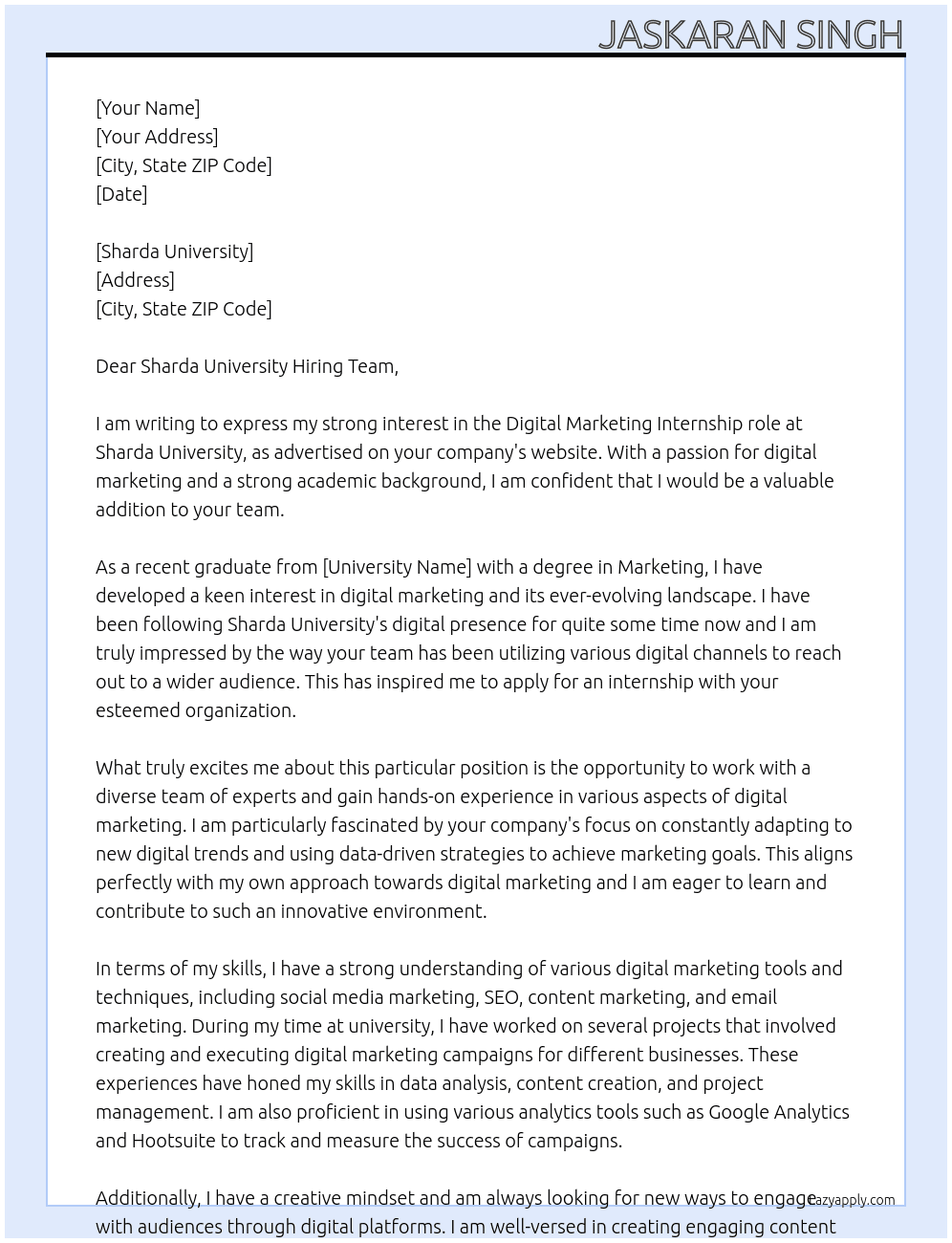 Digital marketing  At Sharda university Cover Letter