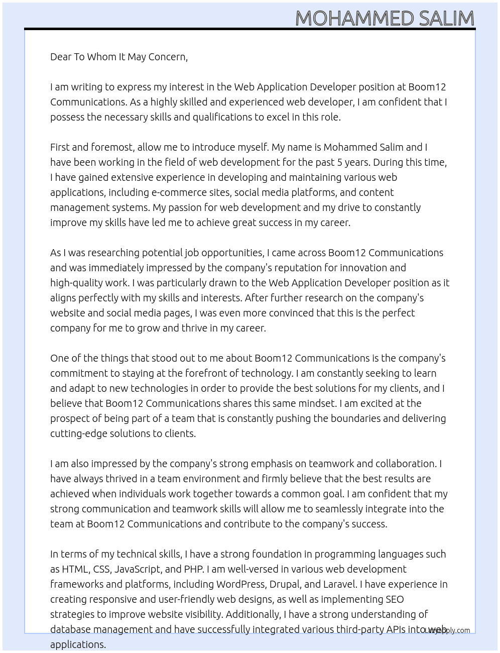 Web application developer At Boom12 Communications Cover Letter