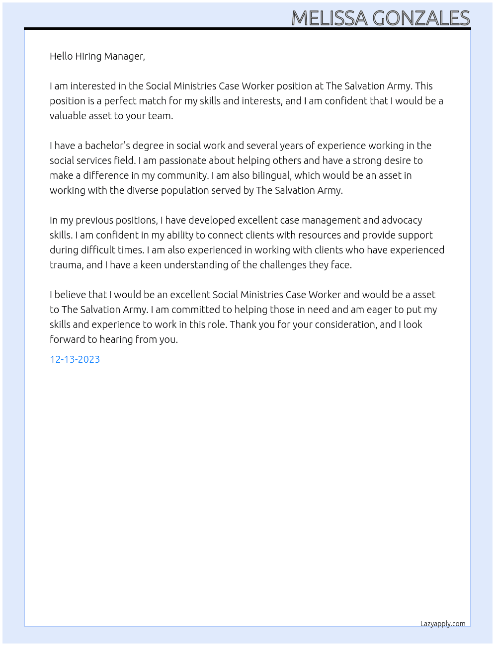 Social Ministries Case Worker At The Salvation Army Cover Letter