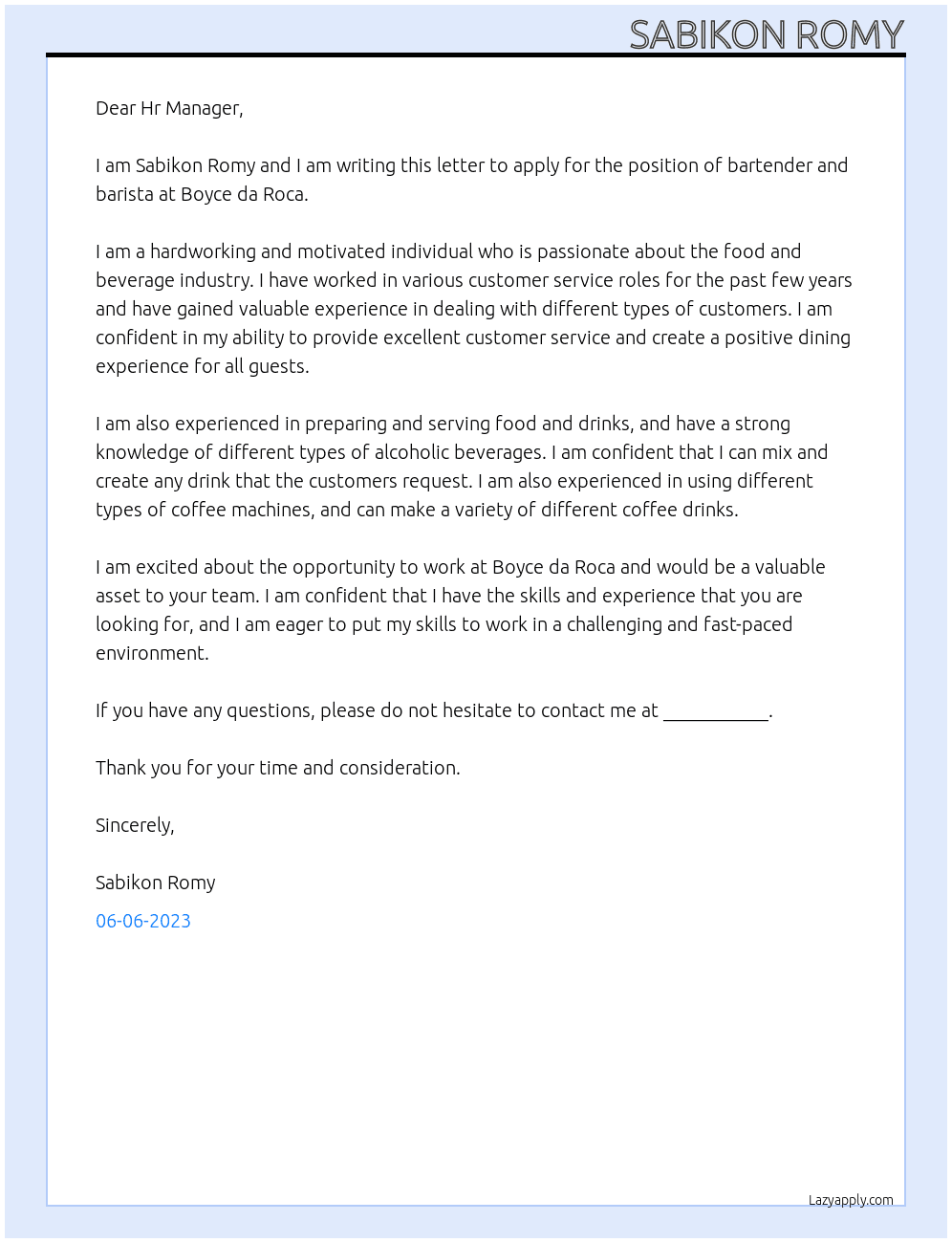 Bartender and Barista  At Boyce da Roca Cover Letter