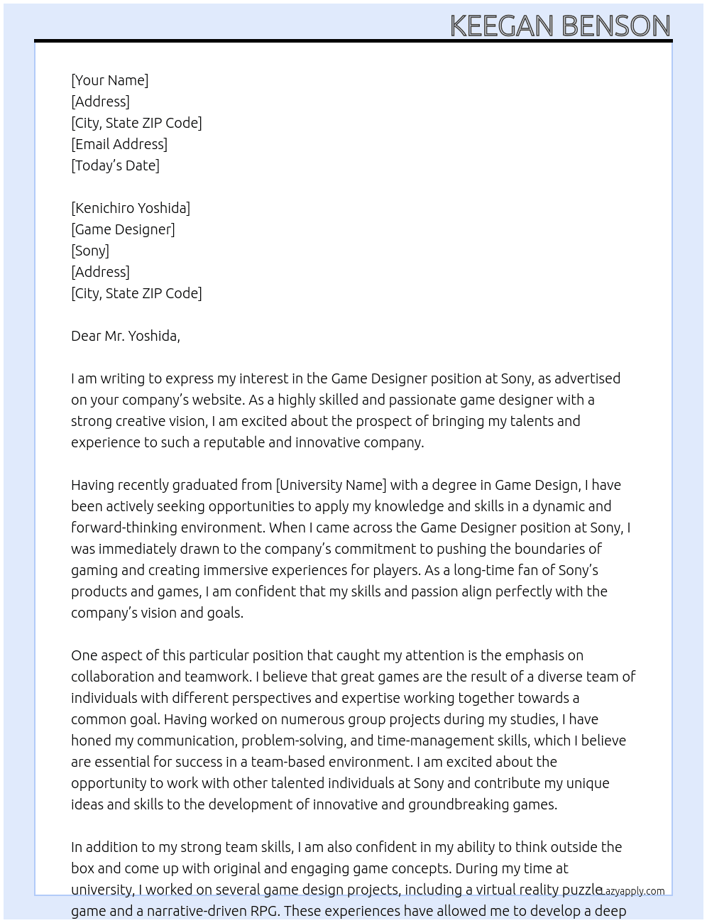 Game Designer At Sony Cover Letter