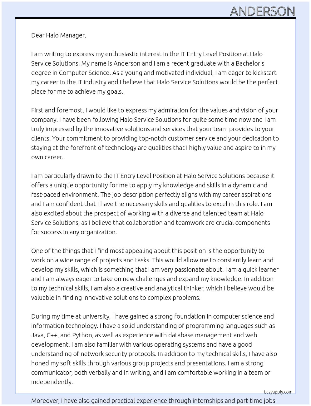 IT Entry Level Position At Halo Service Solutions Cover Letter