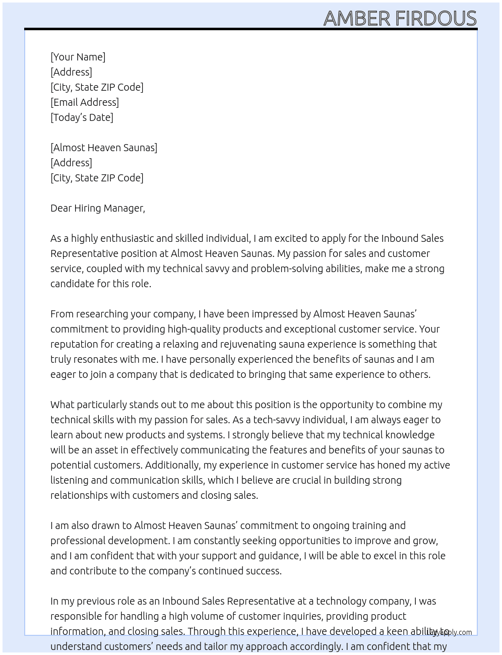 Inbound Sales Representative  At Almost Heaven Saunas Cover Letter
