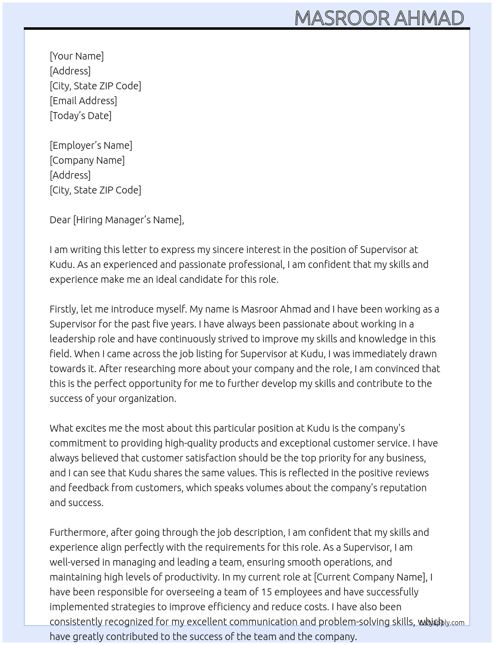 Supervisor  At Kudu  Cover Letter