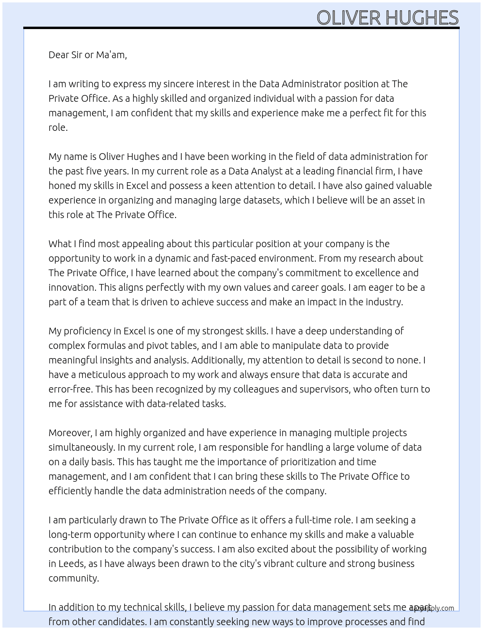 Data Administrator At The Private Office Cover Letter