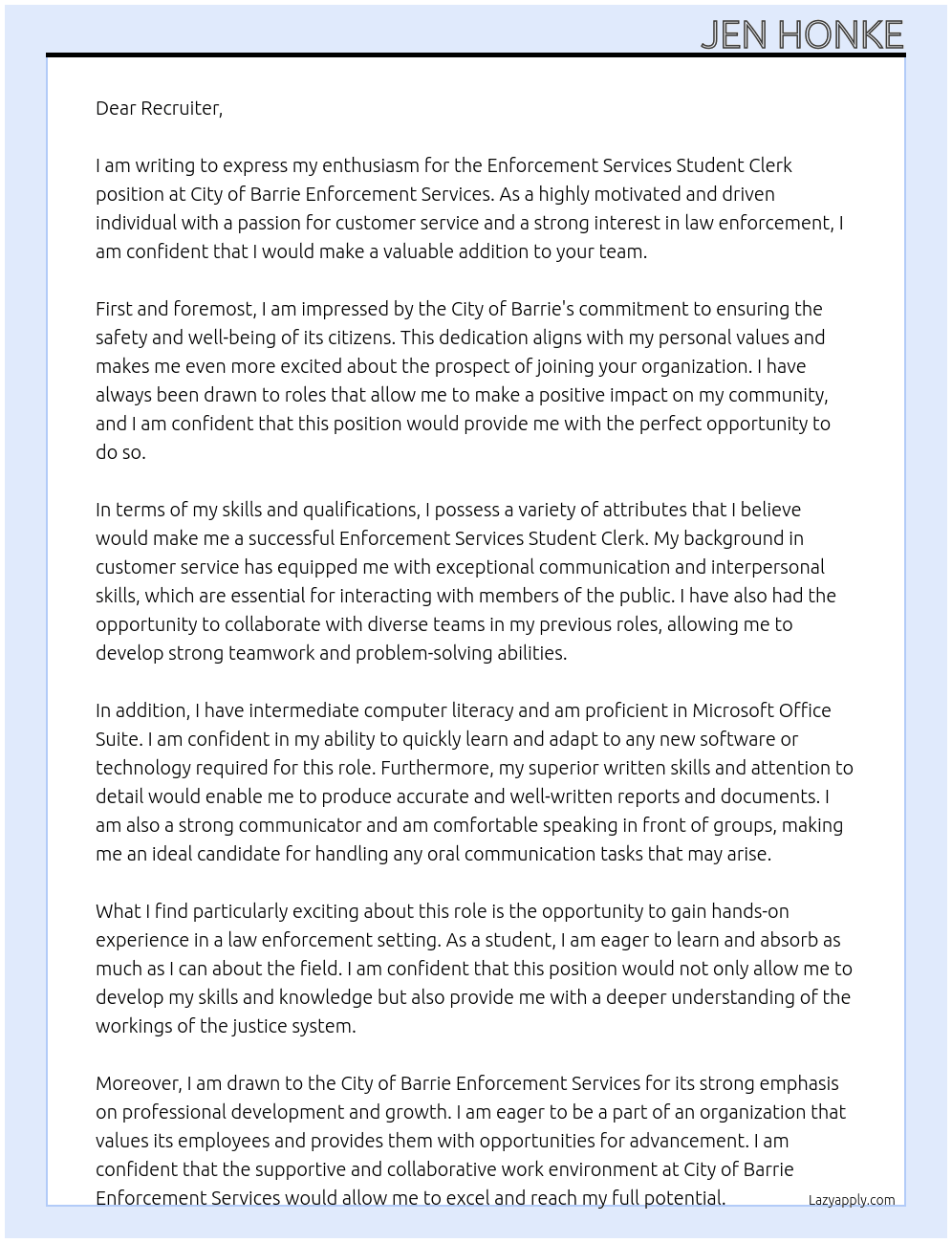 Cover letter for enforcement services student clerk - LazyApply