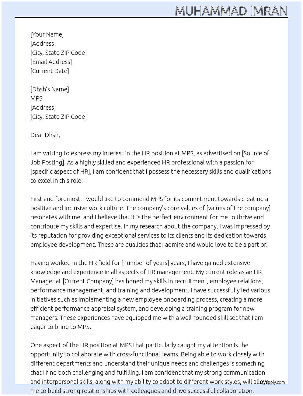 HR At Mps Cover Letter