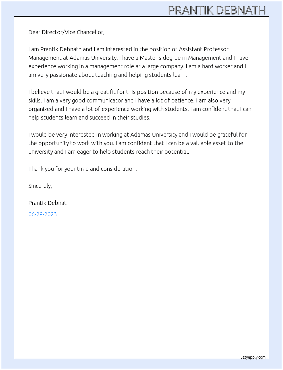 Assistant Professor, Management  At Adamas University  Cover Letter