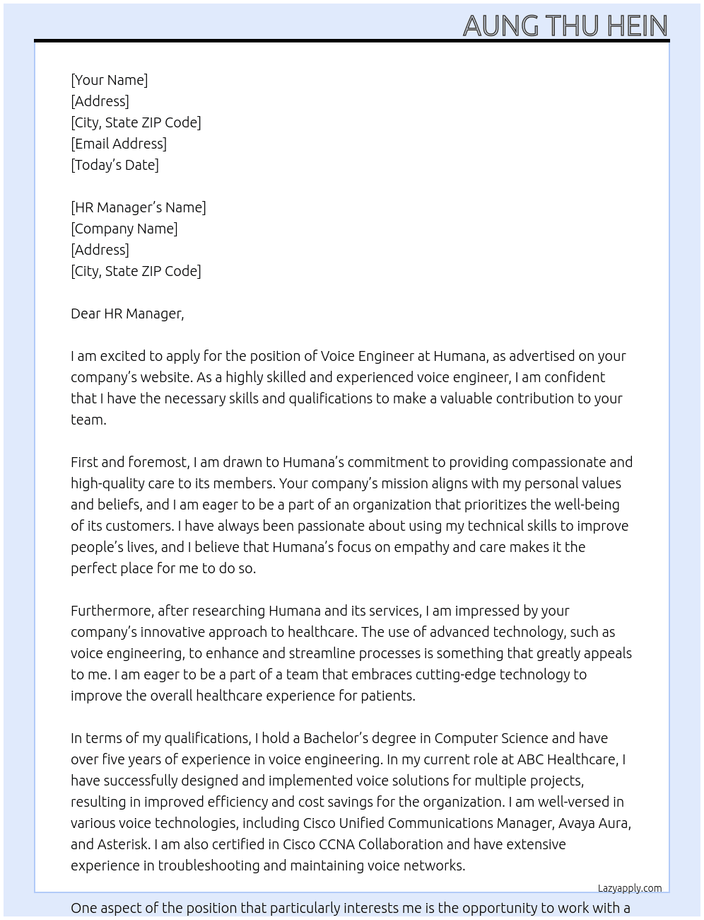 Voice Engineer At Humana Cover Letter
