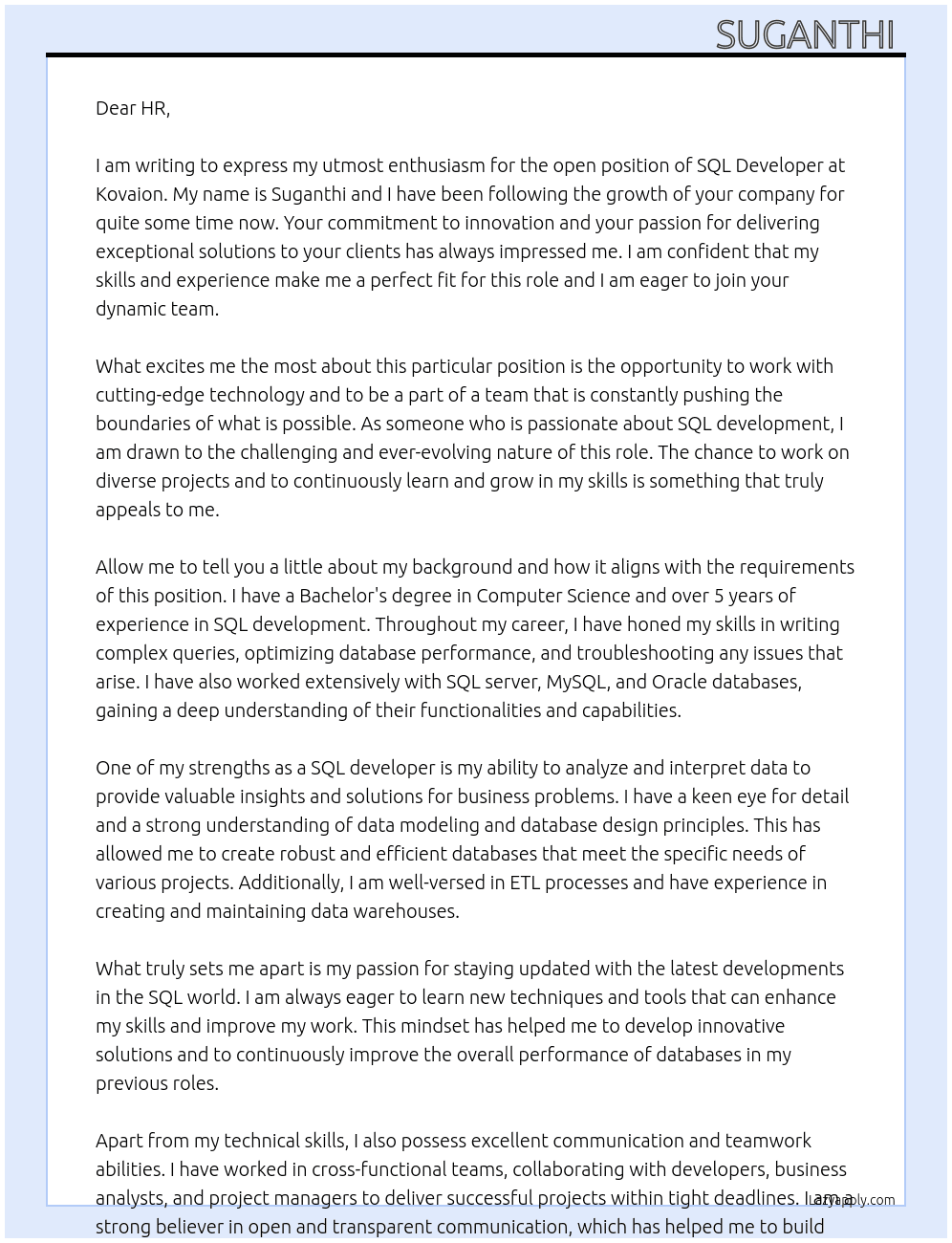 SQL developer  At Kovaion Cover Letter