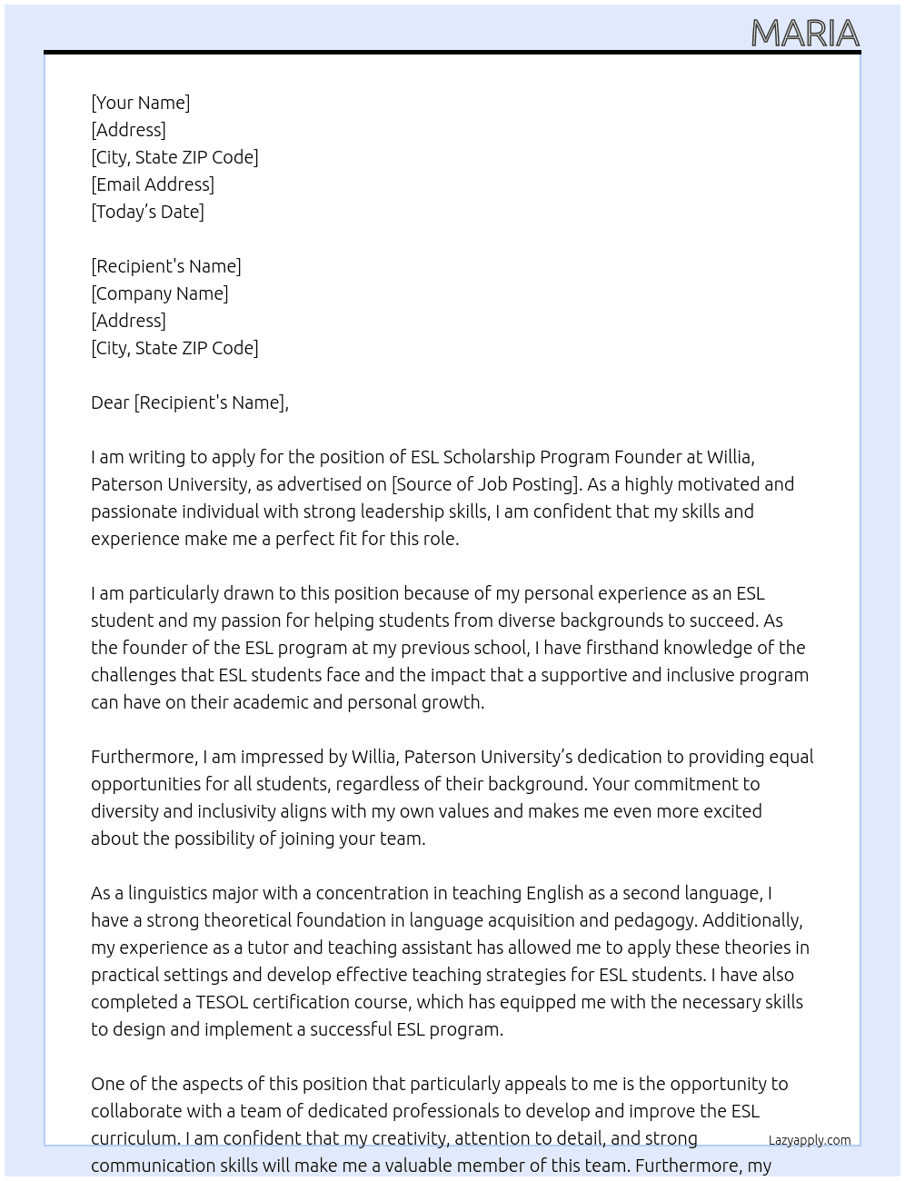 ESL Scholarship At Willia, paterson university Cover Letter