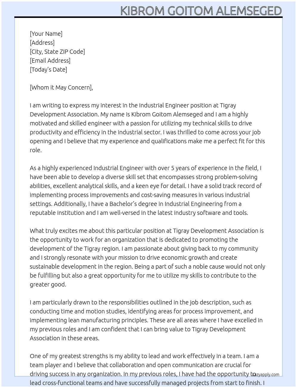 Industrial engineer  At Tigray development association  Cover Letter