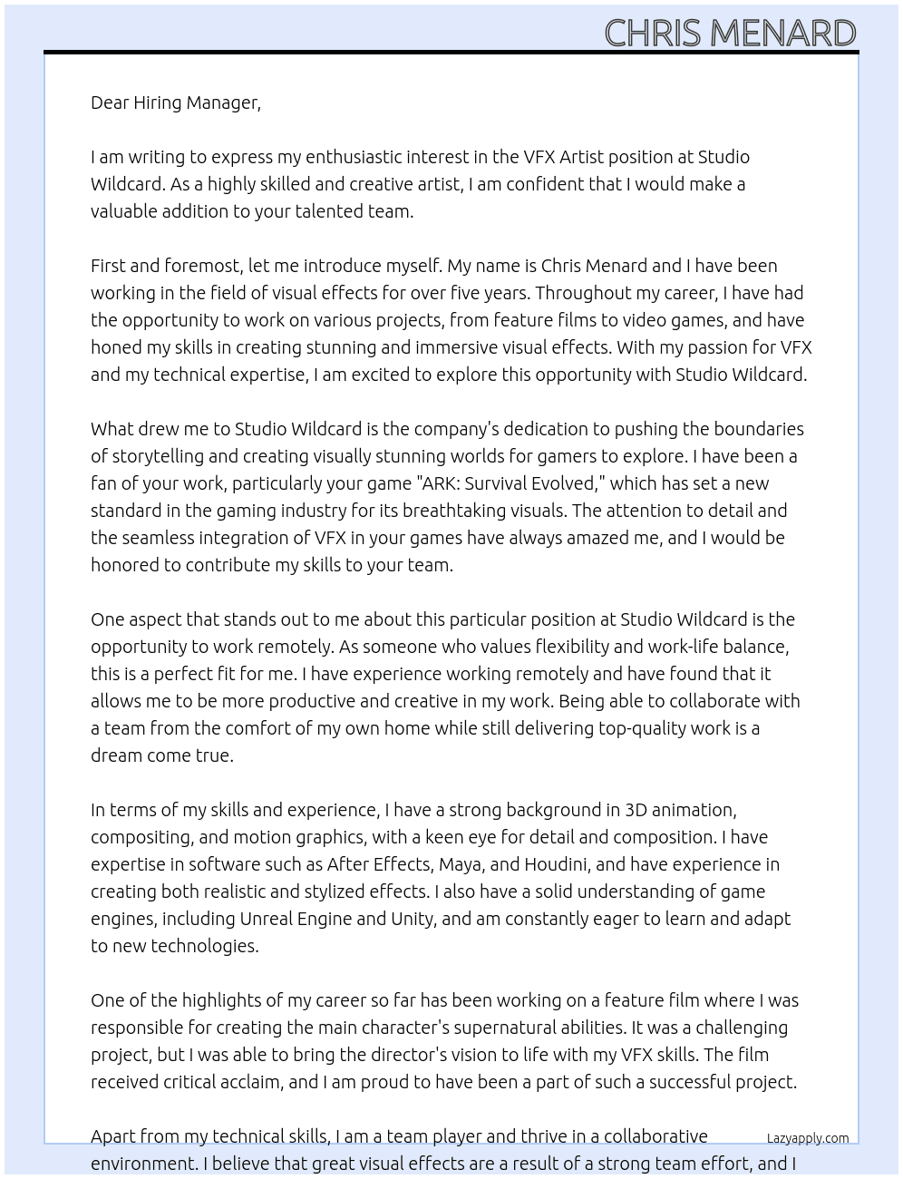 VFX Artist At Studio Wildcard Cover Letter
