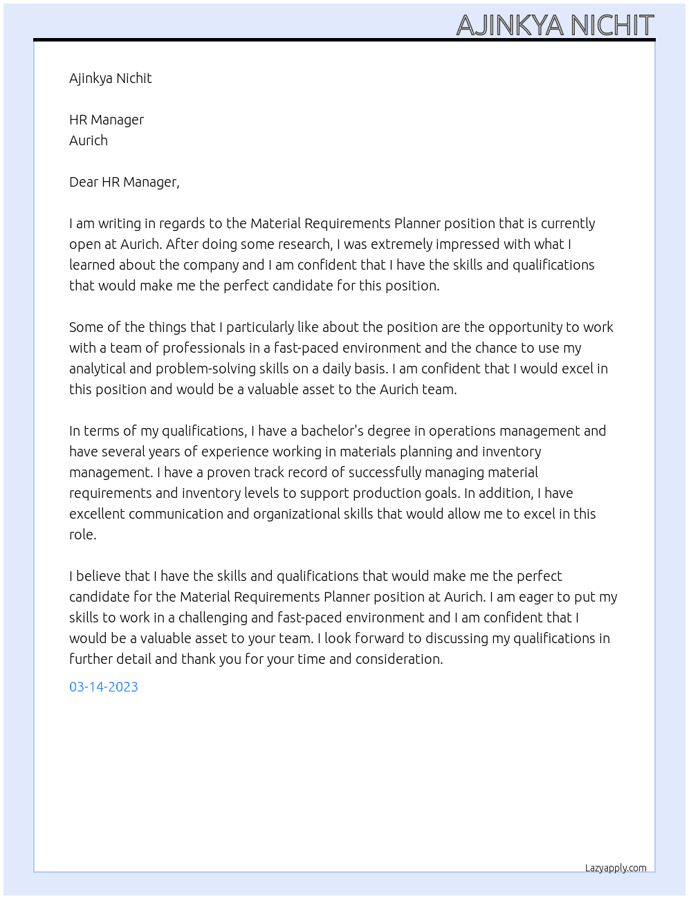 Material Requirements Planner At Aurich Cover Letter