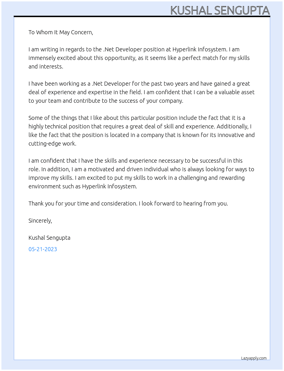 .Net Developer At hyperlink infosystem Cover Letter